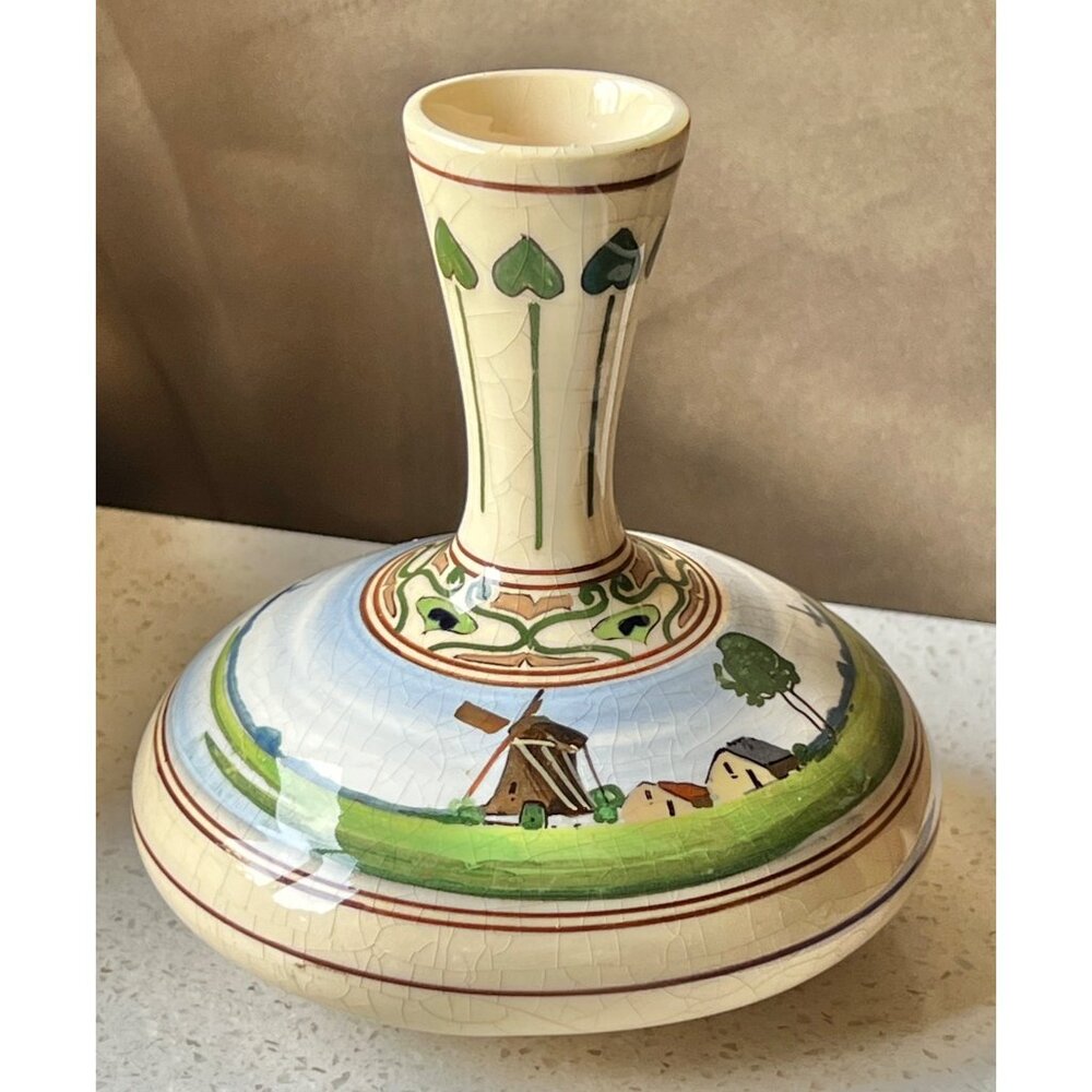 Signed Art Nouveau PZH Gouda Landscape Vase Zuid Holland Dutch Windmill Sailboat